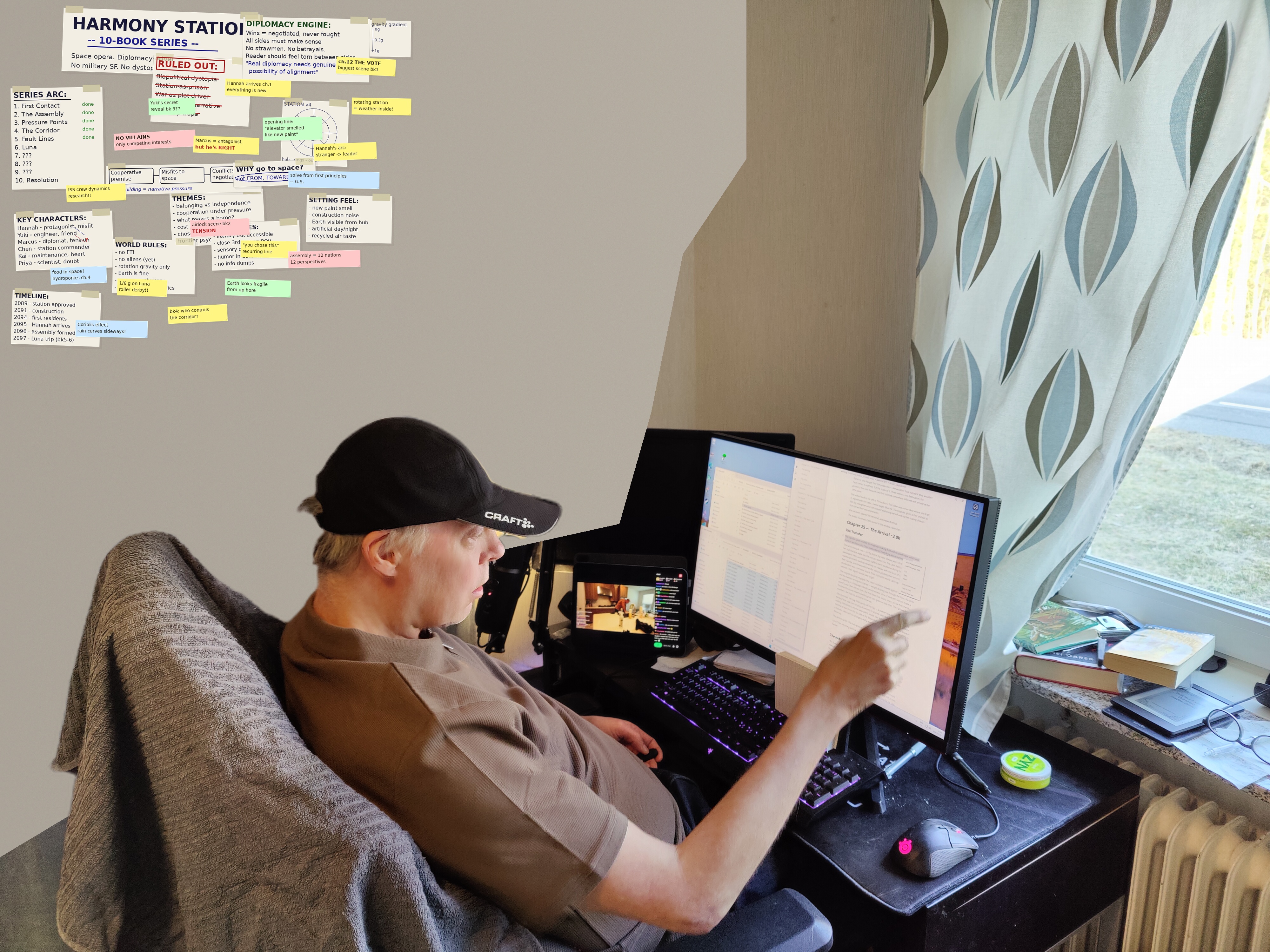 Gunnar at his desk in front of the 7-book series planning wall.